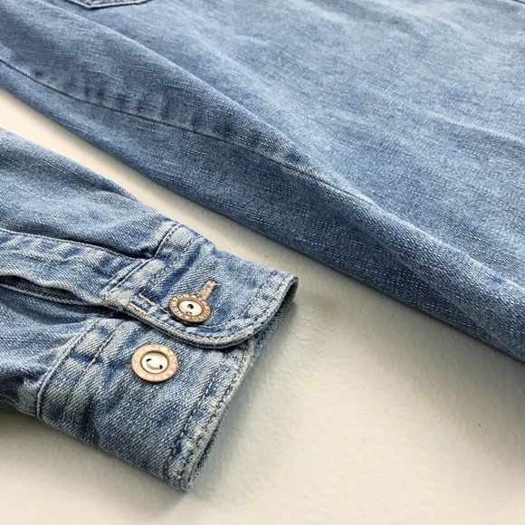 NEWTON TRADING CO. Distressed Denim Shirt Small Button Front Flannel Trim Worn - Picture 3 of 11